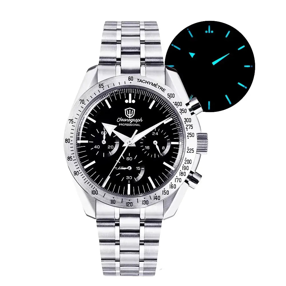 Watchdives WD1863 quartz men's chronograph watch with stainless steel bracelet, black dial and tachymeter bezel
