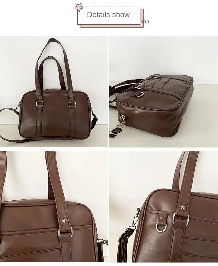 Japanese Style JK bag brown PU leather shoulder bag with dual handles and detachable crossbody strap