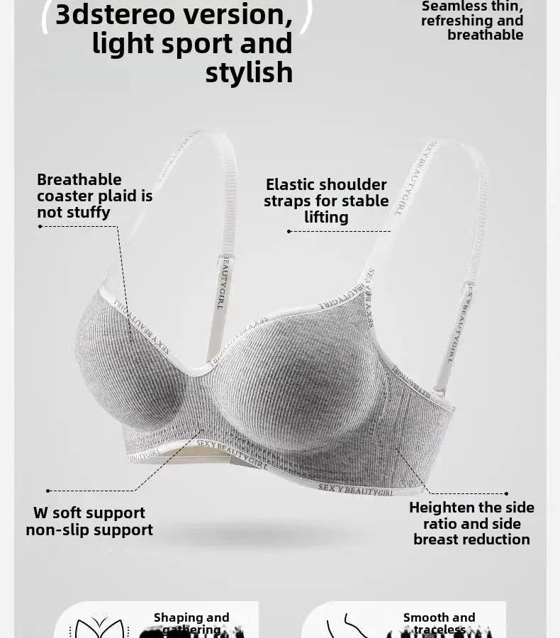 Push-up wireless bra in grey seamless fabric with adjustable straps and anti-slip padding; SEXY BEAUTY GIRL band.