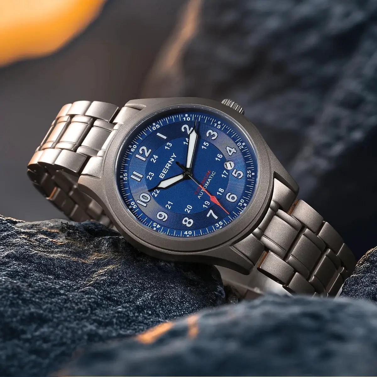 BERNY automatic full titanium men's watch with blue dial, luminous hands, date display, 10ATM