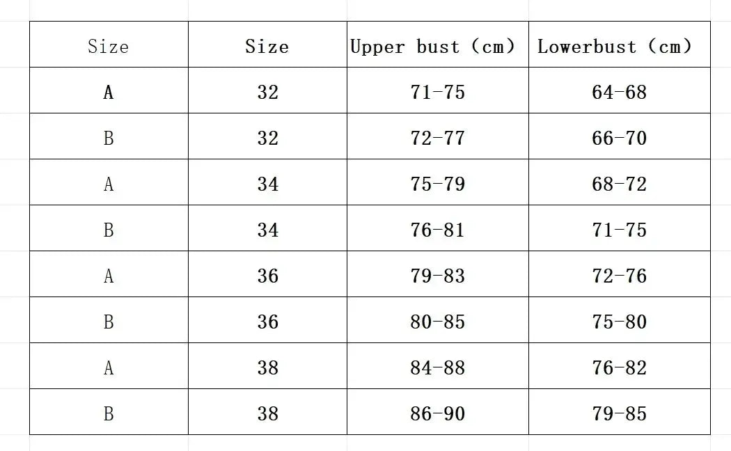 Simples Market women's seamless bra size chart with A/B cups and cm bust ranges for bands 32–38