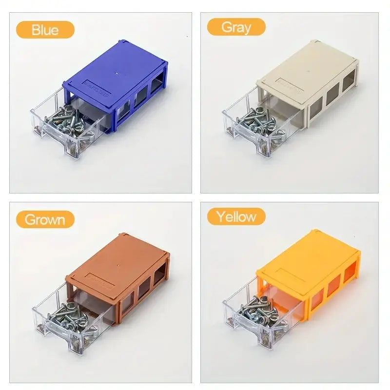 Screw parts organizer mini drawer by Simples Market, four-color set in blue, gray, brown, and yellow.