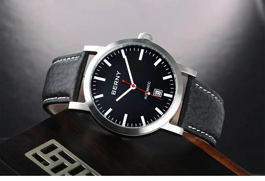BERNY men’s automatic wristwatch with black dial and black leather strap