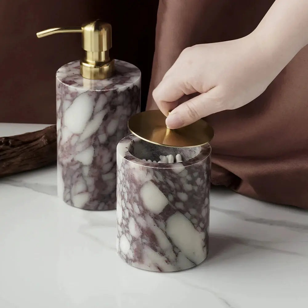 Calacatta Viola violet marble bathroom set, 2-piece: soap dispenser with gold pump and cotton swabs jar with gold lid