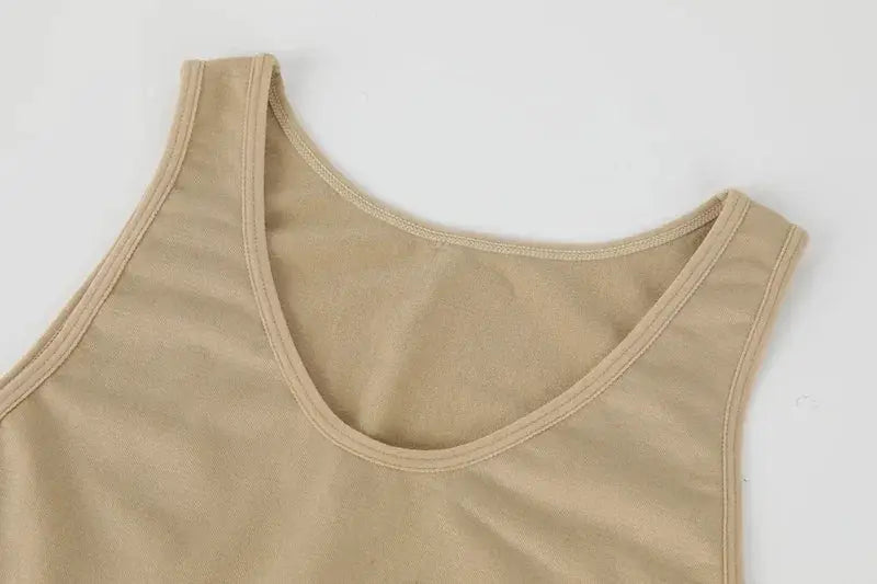 Men full-body shaper sleeveless vest in beige, seamless compression shapewear.