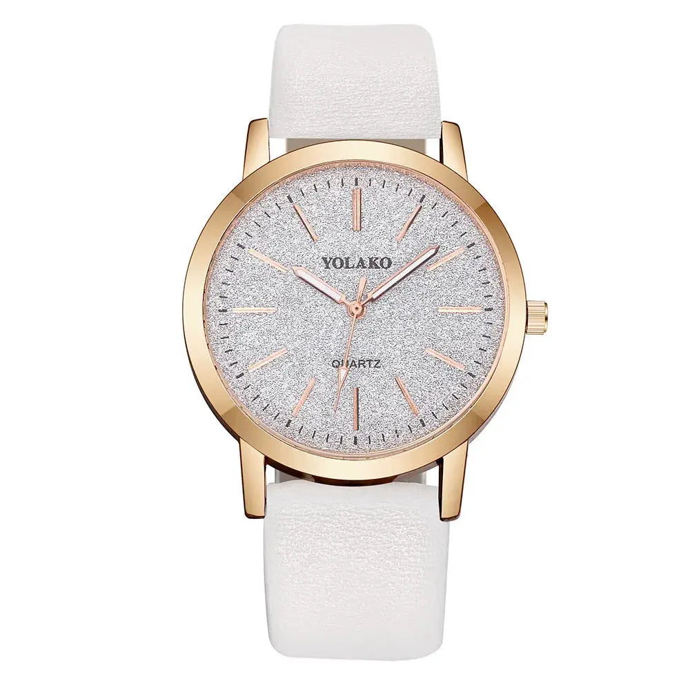 Women's watch with white leather strap, rose-gold case, glitter dial, Yolako.