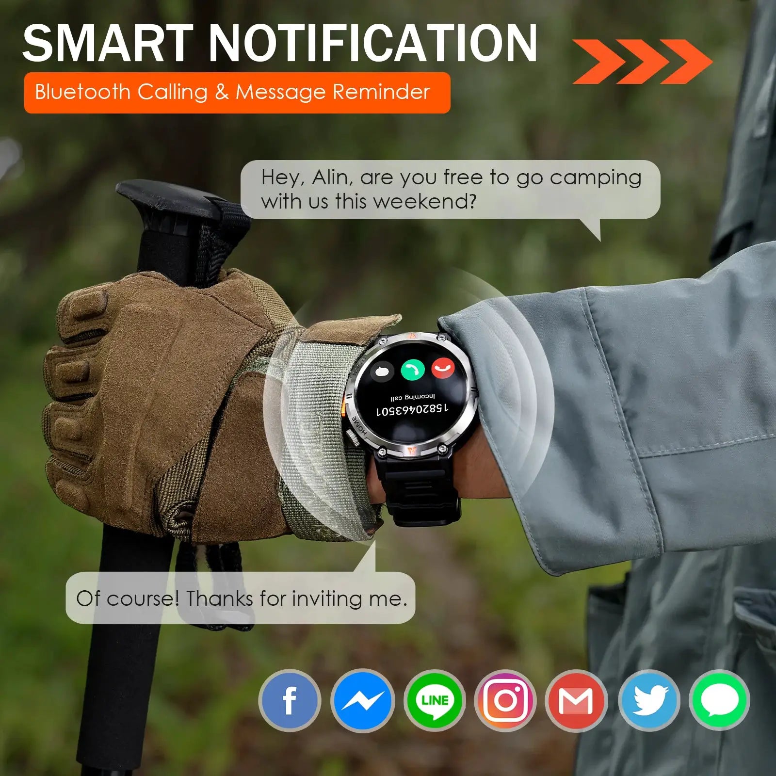 EIGIIS KE3 smartwatch for men with round touchscreen and black strap on a gloved wrist in outdoor terrain