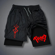 Black men's 2-in-1 compression shorts with phone pockets and red graphic print on left leg; quick-dry activewear.
