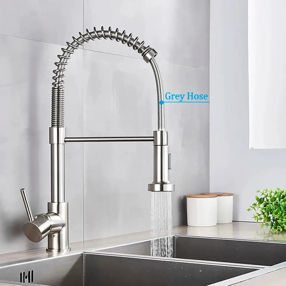 Brushed nickel spring-coil kitchen faucet with pull-down sprayer, 360° rotation