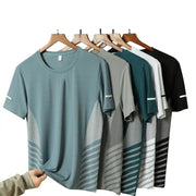 Six men's running T-shirts in assorted colors on hangers; quick-dry breathable athletic tops.