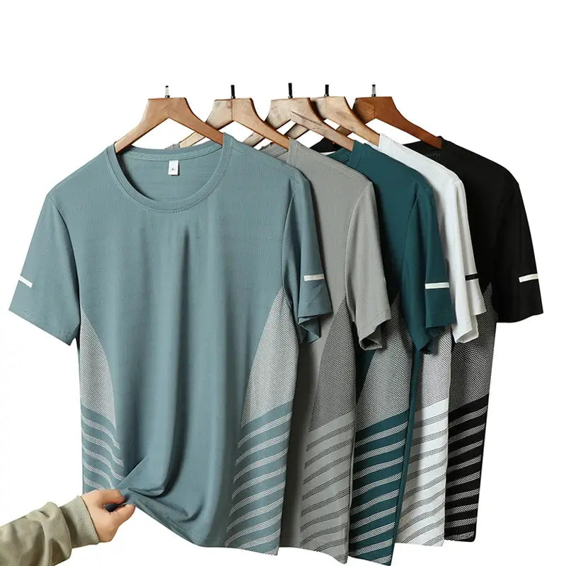 Six men's running T-shirts in assorted colors on hangers; quick-dry breathable athletic tops.
