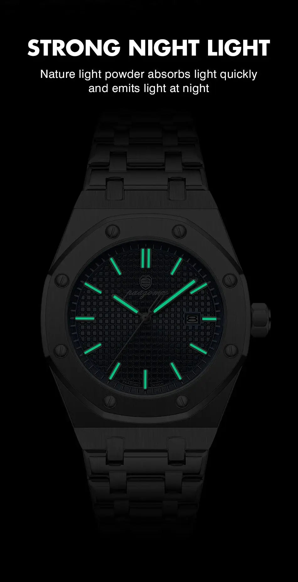 PAAZOMU luxury square men’s quartz watch with stainless steel band, luminous green markers and date window