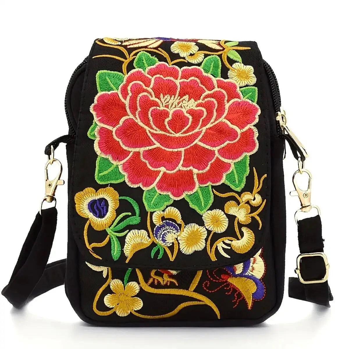 Simples Market crossbody phone bag, small black canvas with colorful embroidered floral design and zipper.