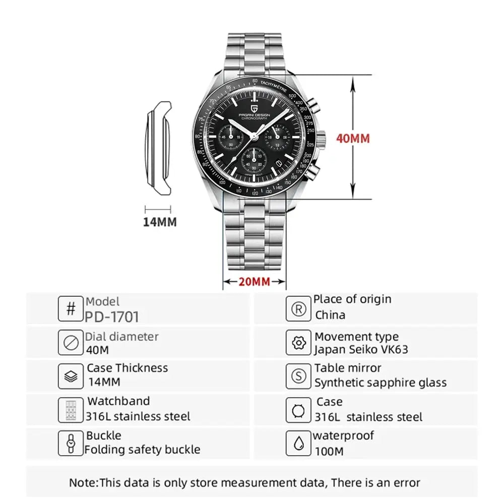 Men's PAGANI DESIGN VK63 watch, stainless steel bracelet, black dial, AR sapphire glass, ceramic bezel, luminous hands