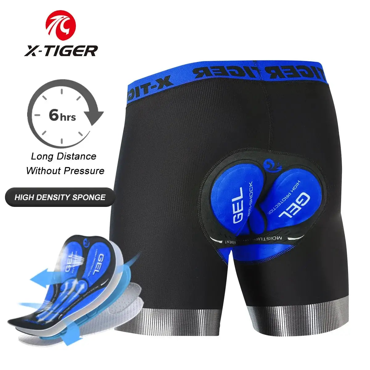 Simples Market X-TIGER cycling shorts with 5D gel padding, breathable fabric, blue pad inserts, anti-slip leg grips