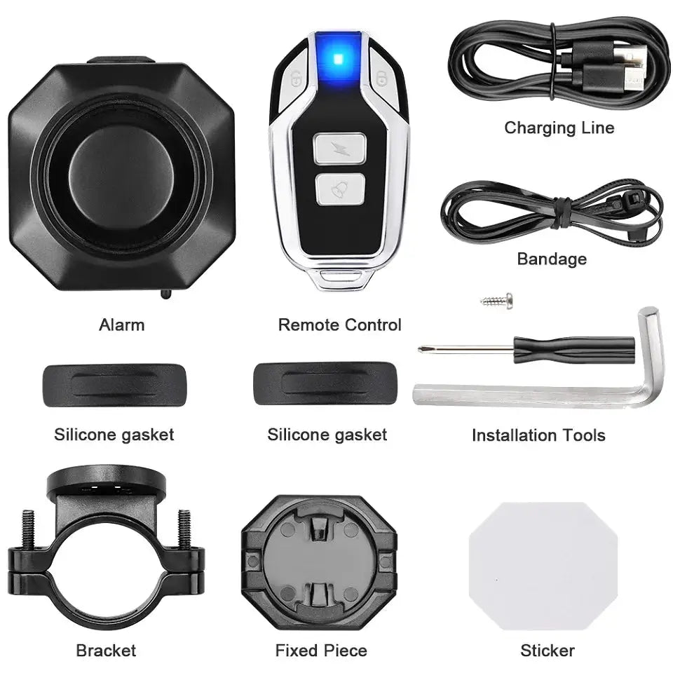 Hollarm wireless bike vibration alarm kit by Simples Market with remote control and USB charging cable