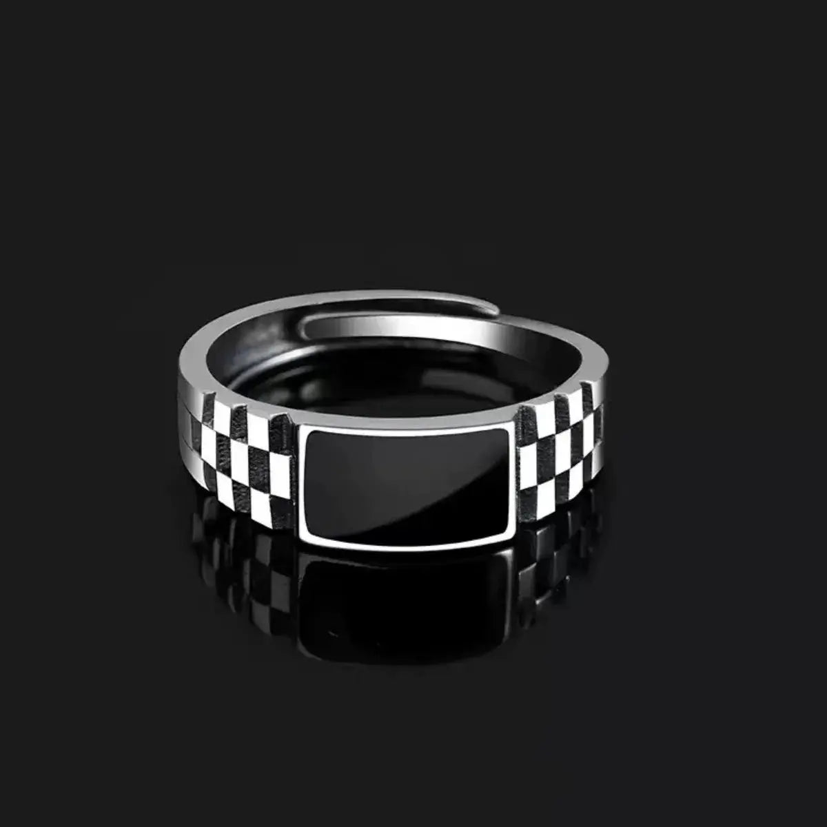 Vintage Faux Onyx Open Ring For Men In Stainless Steel Adjustable Silver Tone Punk Jewelry Gift