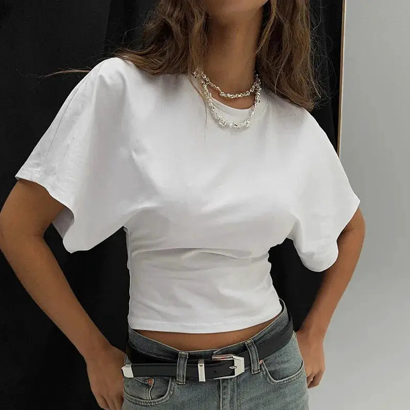 Womens Pure Cotton Crew Neck Cropped Top Short Sleeve Loose Fit Solid Colour Tee