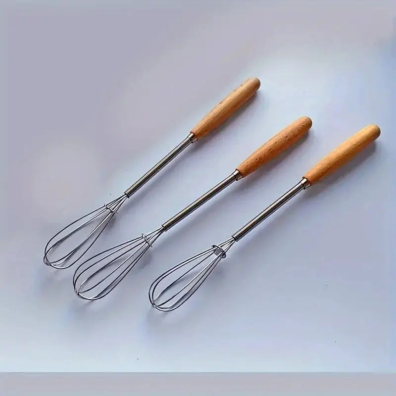 Stainless Steel Mini Egg Beater with Wooden Handle Whisk for Mixing Eggs and Batters Kitchen Baking Tools Set