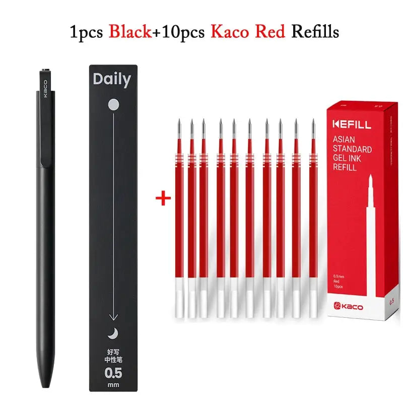KACO gel pen with metal clip, 0.5mm black ink; includes 1 pen and 10 red refills