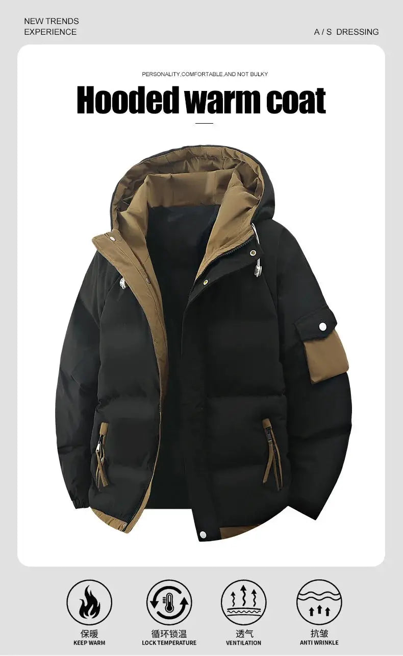 Hooded men's black down jacket with brown lining; Simples Market winter parka