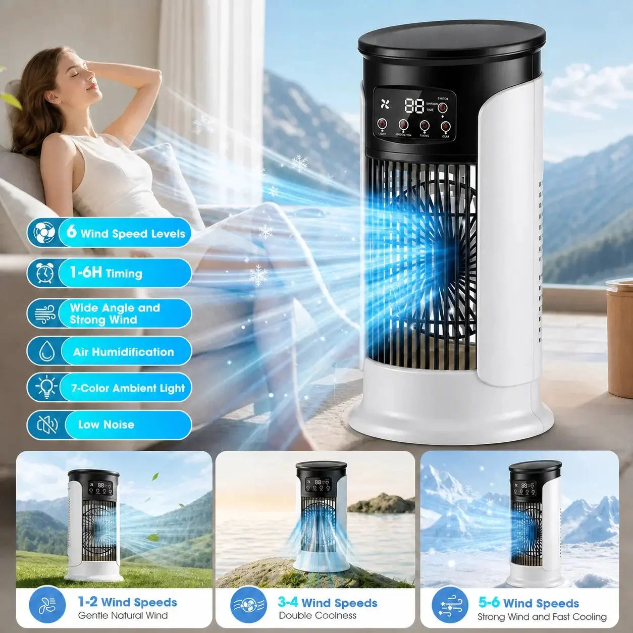 Simples Market portable air conditioner fan, black and white with LED display, 6 speeds and misting humidifier.