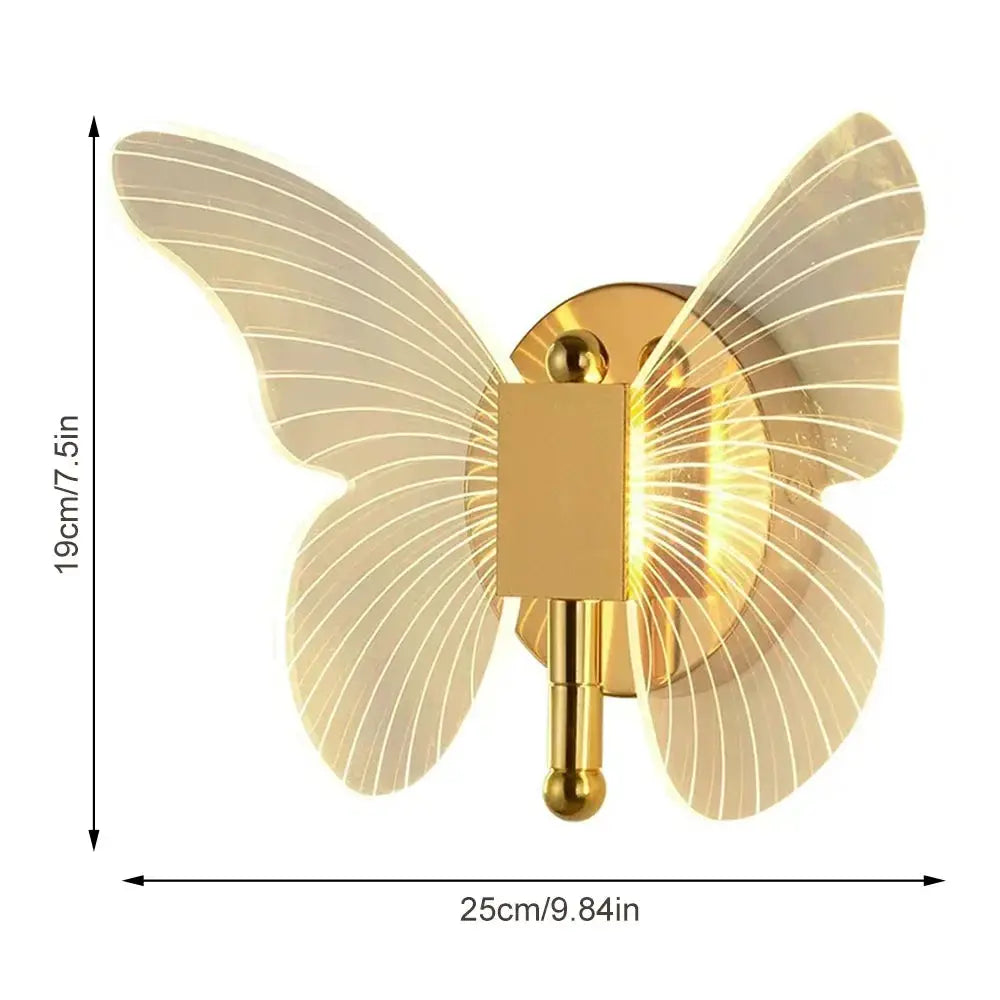 Butterfly LED wall lamp in gold metal with acrylic wings, wired 110–240V, tri-color adjustable bedside sconce.