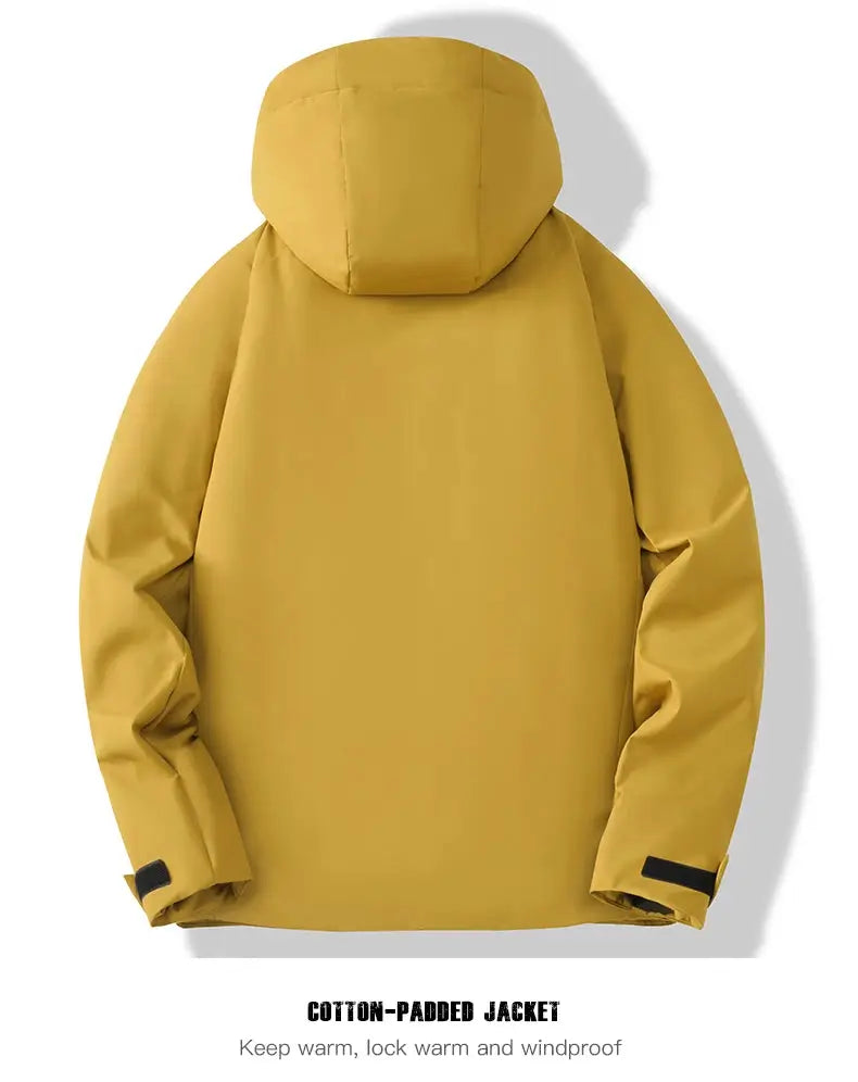 JNLN unisex waterproof windproof jacket with hood in mustard yellow; Simples Market raincoat for hiking, camping.