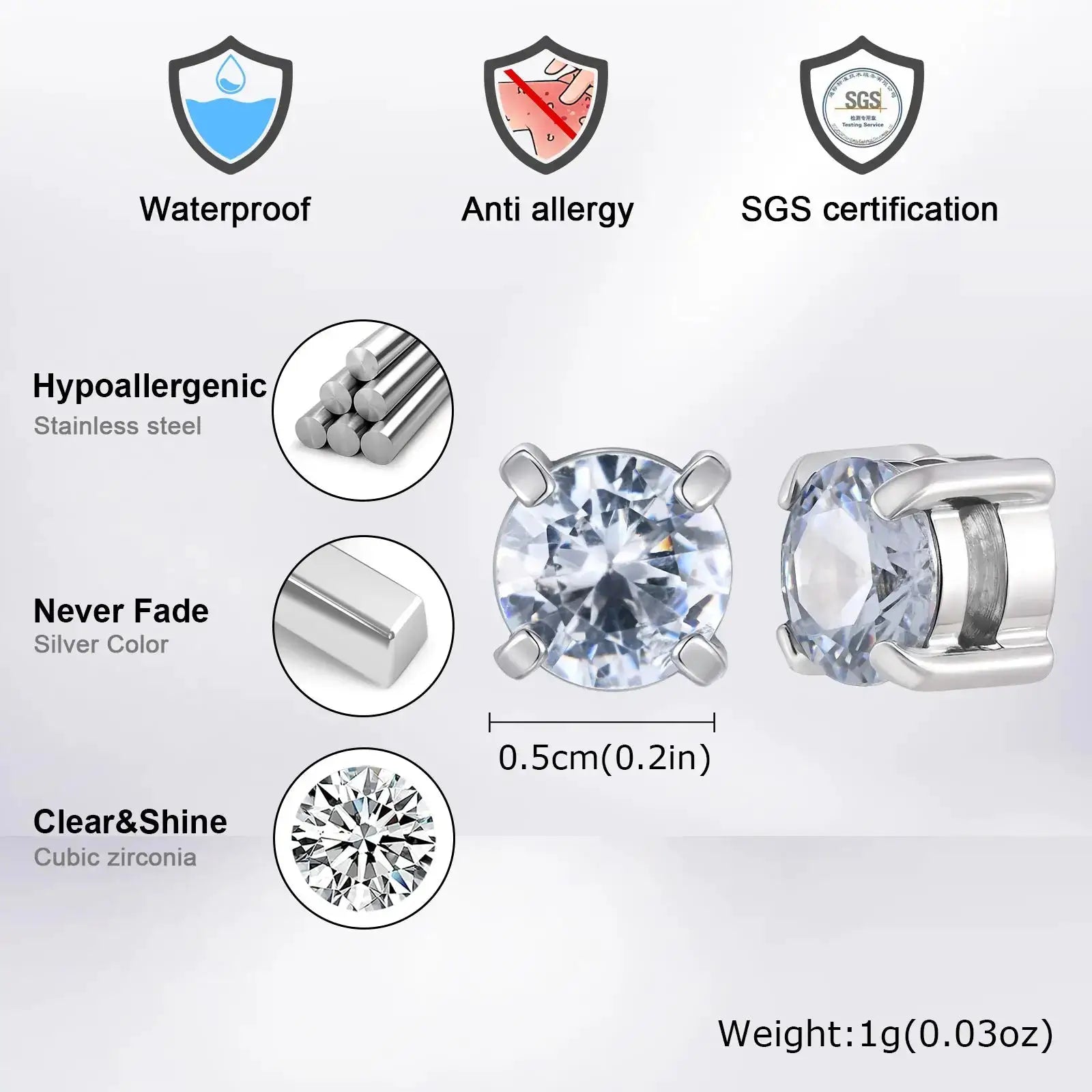 Punk round zircon magnetic ear studs by Simples Market, stainless steel, silver color, cubic zirconia
