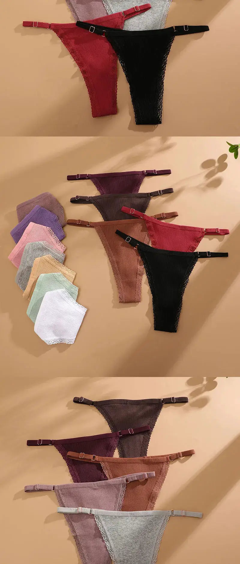 Cotton thong underwear set, Simples Market, five pieces with adjustable waist in assorted colors and lace trim