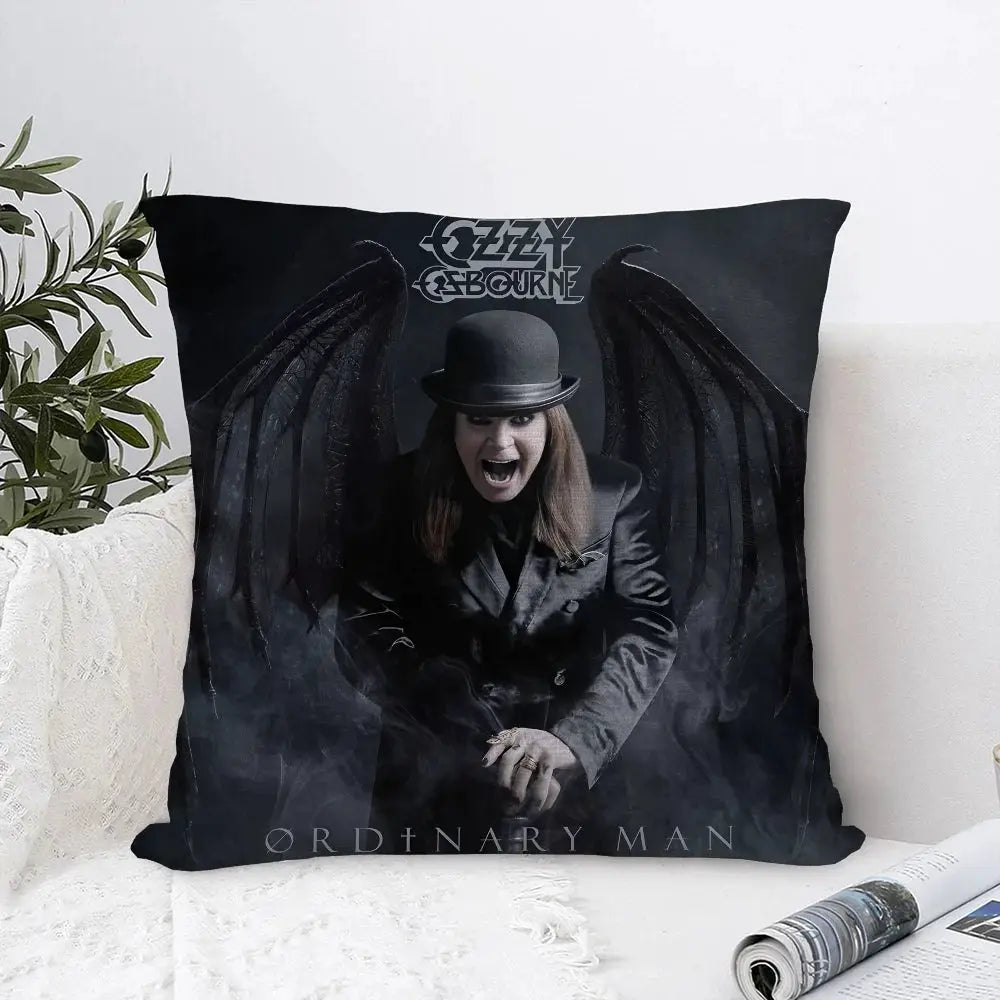 Ozzy Osbourne pillow cover by Simples Market, square black decorative cushion with double-sided print