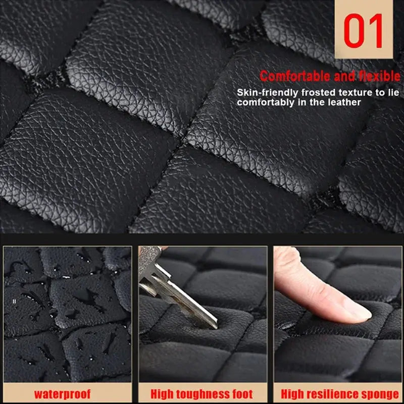 Car floor mats 4-piece universal PU leather waterproof set in black quilted texture for front and rear.