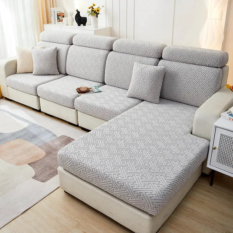 Sofa slipcover set in grey jacquard, stretchable cushion covers for sectional sofa by Simples Market