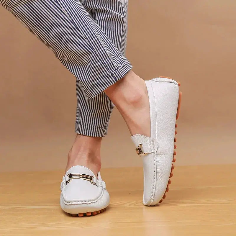 YRZL men’s white PU leather loafers with gold buckle, slip-on driving moccasins by Simples Market