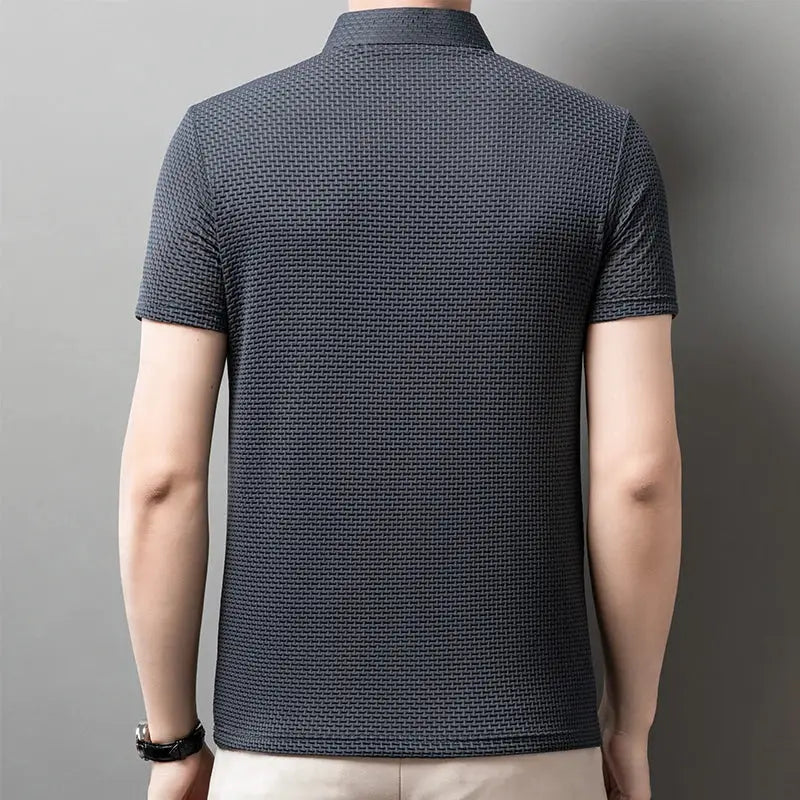 Simples Market men's short-sleeve polo shirt with dark blue textured weave pattern, back view.