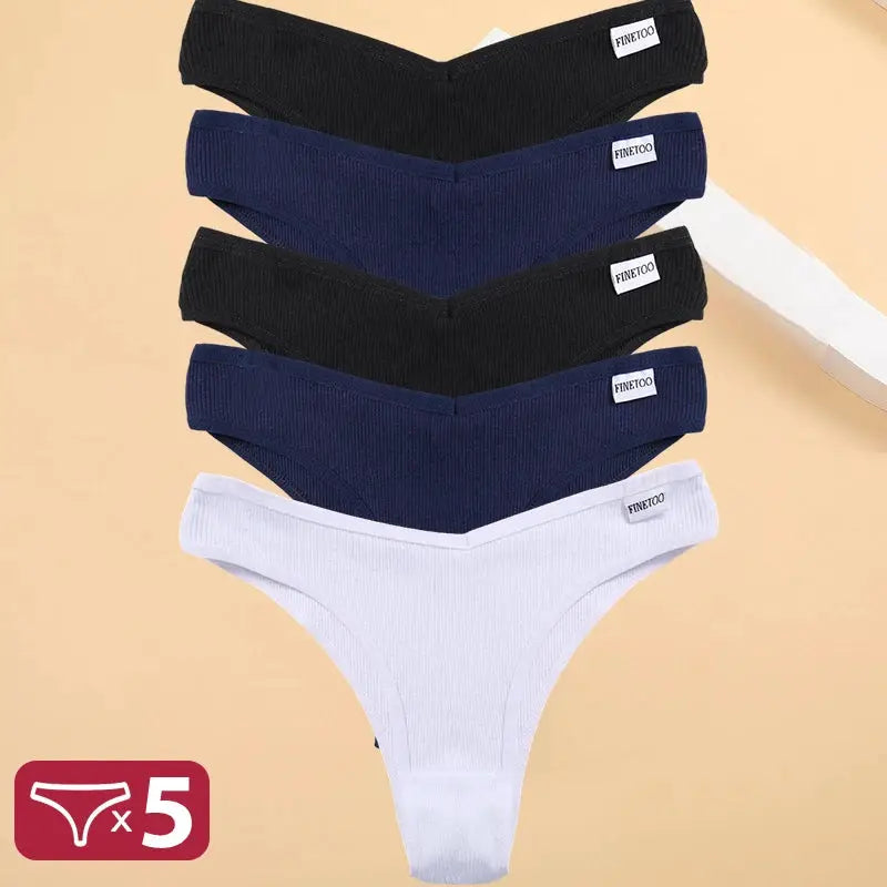 5-pack cotton thong panties for women with Finetoo labels in black, blue, and white