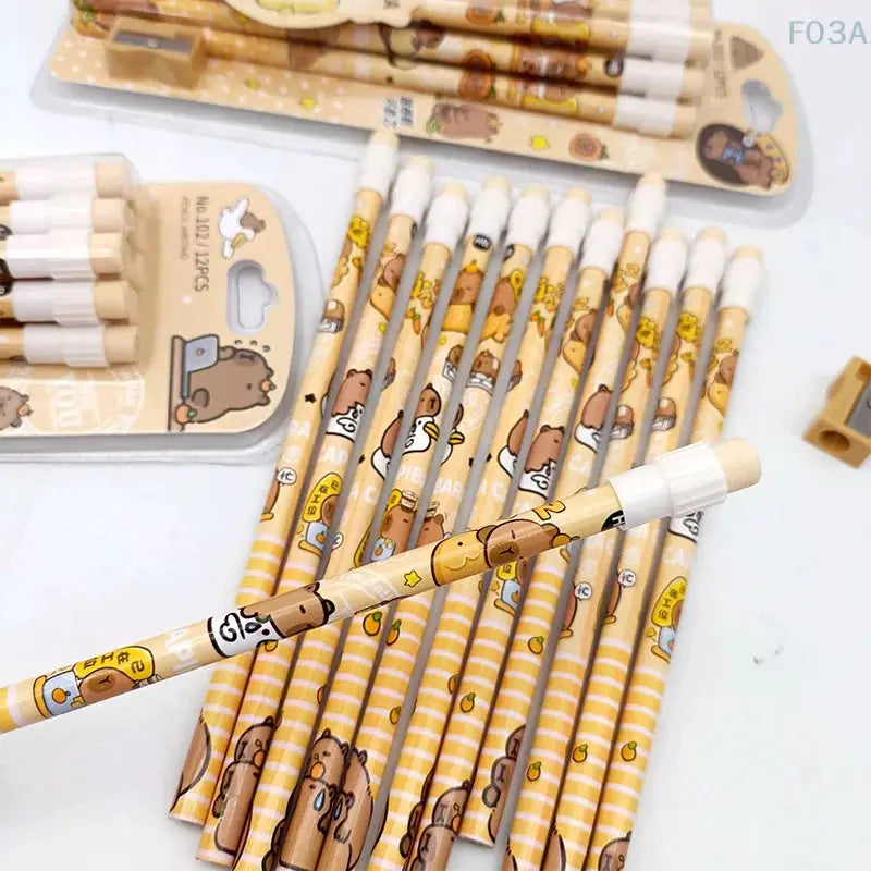12pcs Cute Cartoon Capybara HB Pencils set by Simples Market with sharpener, yellow striped packaging