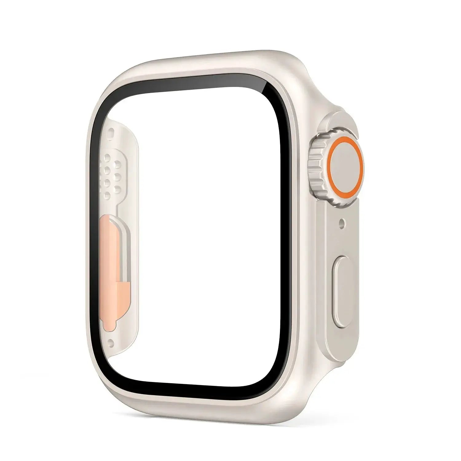 Apple Watch Glass+Case Ultra bumper in cream with black screen and orange crown accent