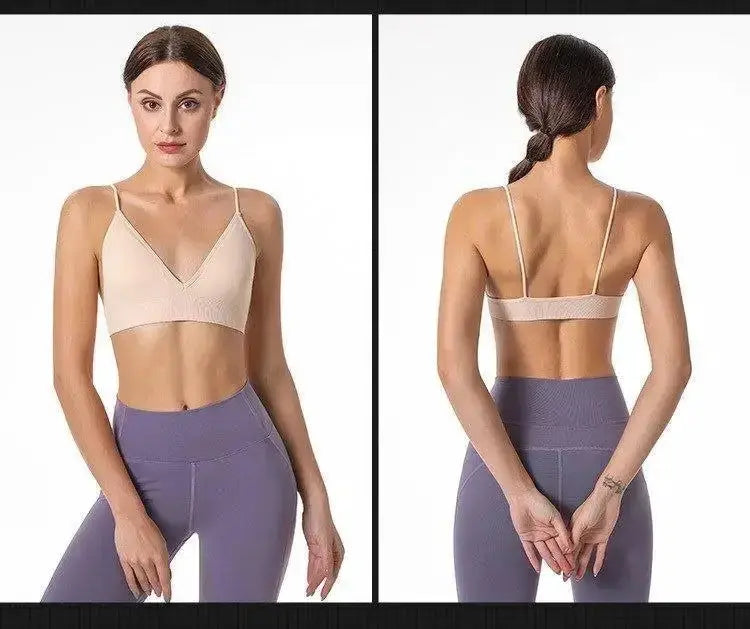Simples Market V-neck seamless triangle-cup bra camisole in beige, front and back views
