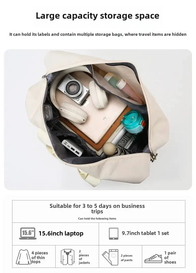 Beige expandable travel duffle bag with shoulder strap; large-capacity women's bag shown open with camera and headphones inside.