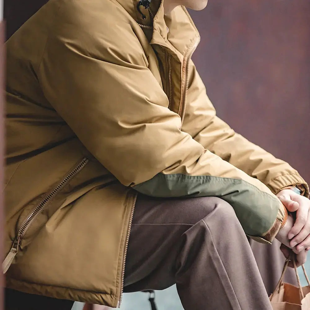 Maden hooded down jacket for men in tan, matte-glossy parka-style coat for outdoor warmth