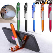 STONEGO 4-in-1 foldable ballpoint pen stylus with flashlight and phone stand; five color variants.