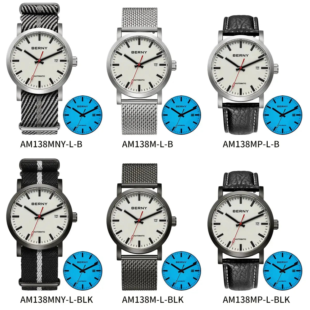 Six BERNY automatic men's wristwatches with white dials and assorted straps (fabric, mesh, leather)