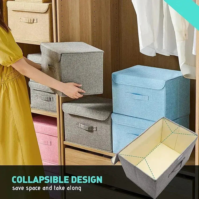 Simples Market collapsible cotton-linen fabric storage boxes with lids in grey and blue for toy storage