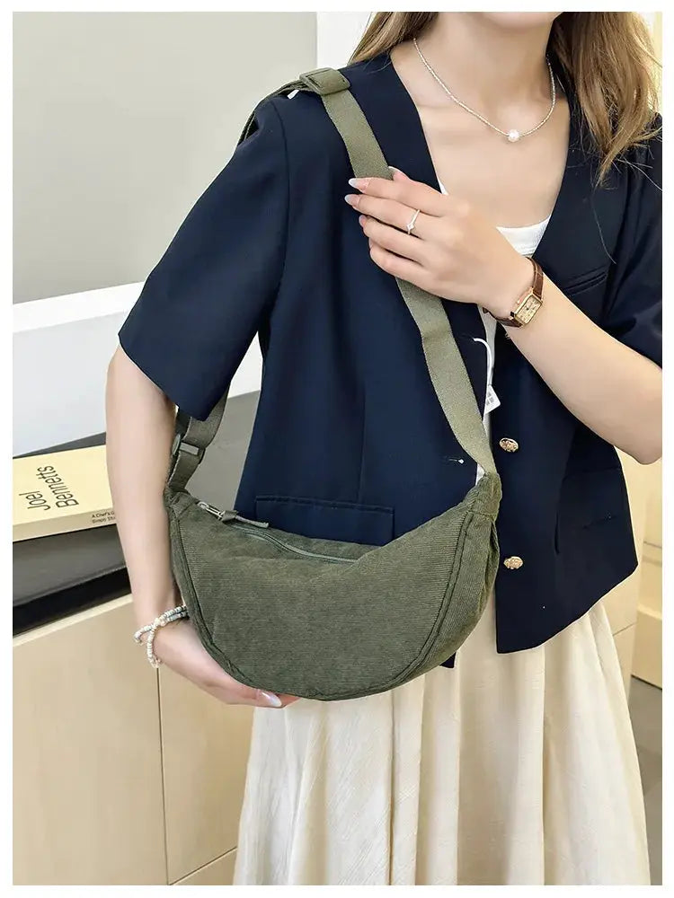 Corduroy women's hobo shoulder crossbody bag, solid olive green, by Simples Market