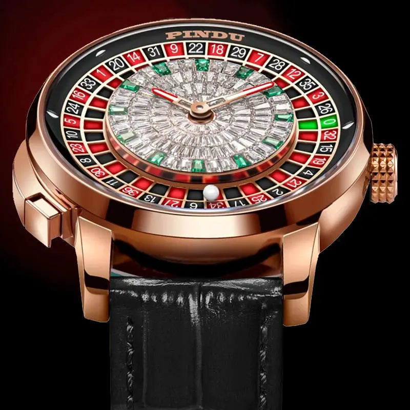 PINDU mechanical wristwatch; rose-gold case, black leather strap, roulette-style crystal-studded dial.