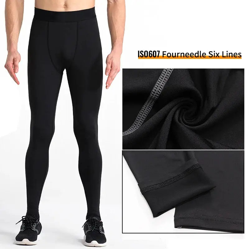 SONECHOKI men's black compression pants for gym training with six-needle stitching, polyester