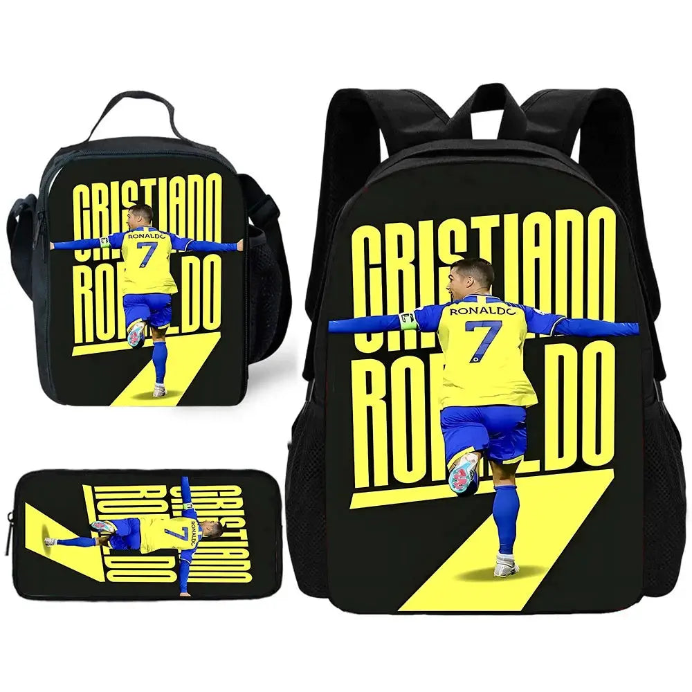 Kids CR7 Ronaldo backpack set with lunch bag and pencil case; black backpack with bold yellow Ronaldo graphic