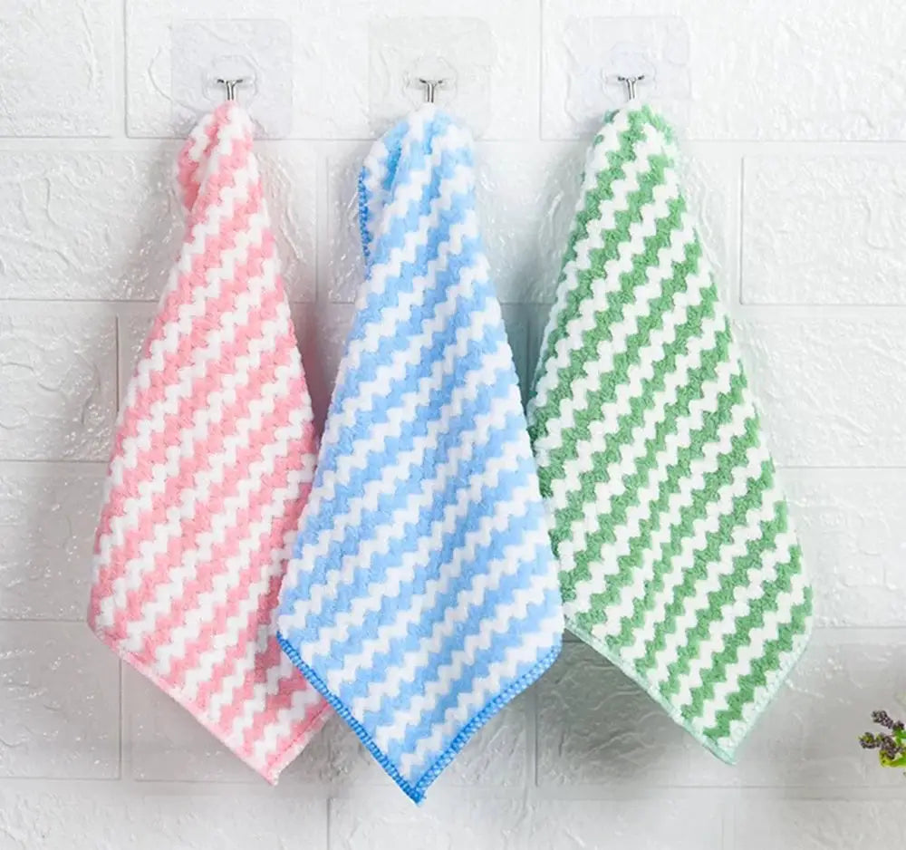 Microfiber cleaning cloths set of 3 in pink, blue, and green chevron patterns for kitchen use.
