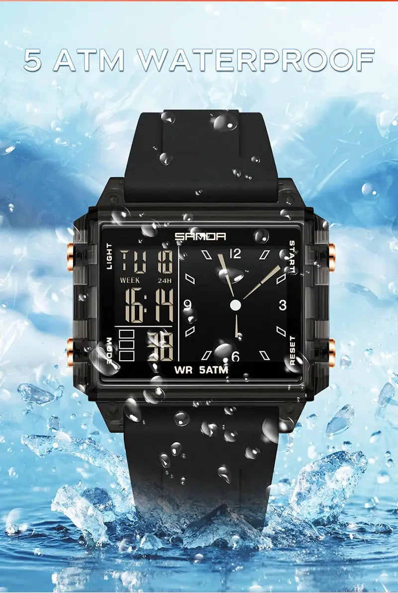 SANDA 6273 square dual-time wristwatch, black with analog-digital display, 5 ATM waterproof